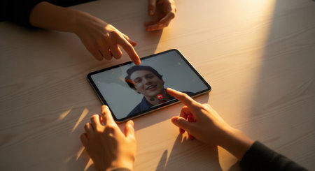 Hands interact with a tablet during a video call with a smiling man. The warm, golden hour lighting creates an intimate mood. Ideal for themes of remote communication or technology.の素材