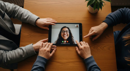 Top view of people using a tablet for a video call with a smiling woman. This scene conveys connection and modern communication. Perfect for tech, business, or family concepts.の素材
