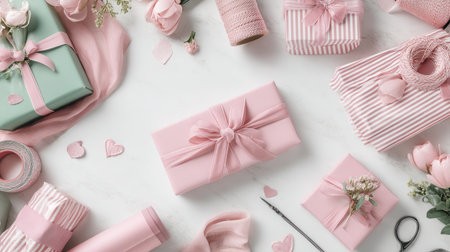 A flat lay of pink and green gifts with wrapping supplies on a marble background. This romantic scene evokes a sense of celebration. Perfect for holidays, blogs, or event promotions.の素材