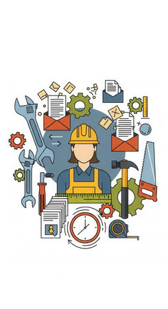 Illustration of a female worker with tools like a hammer, wrench, and saw. Represents project management, productivity, and skilled labor. Ideal for business or industry concepts.の素材