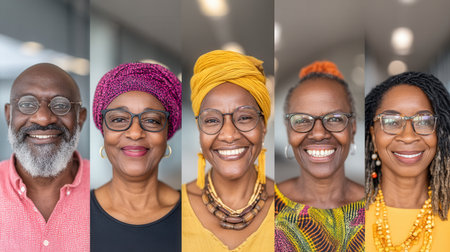 Collage of five smiling senior African American people. This diverse group exudes confidence, wisdom, and joy. Ideal for projects on community, retirement, diversity, and positive aging.の素材