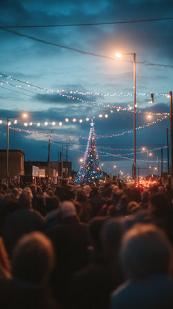 A large crowd gathers on a city street at dusk to see a brightly lit Christmas tree. The scene is festive and magical. Perfect for holiday greetings or community event promotions.の素材