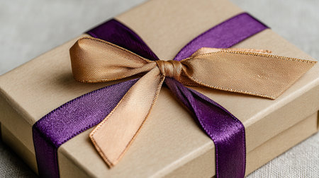 A close-up of a gift box with a gold and purple bow. This elegant image evokes celebration and surprise, ideal for birthdays, anniversaries, or holiday-themed marketing.の素材