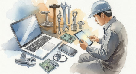 Watercolor illustration of a technician using a tablet, surrounded by a laptop and tools. Represents the blend of modern technology and manual repair. Perfect for engineering or IT concepts.の素材