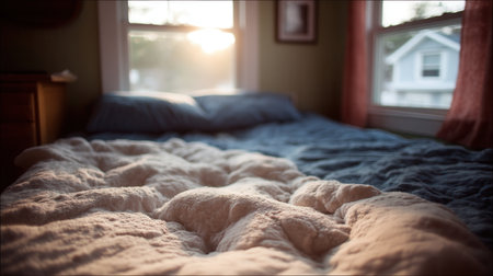 A cozy unmade bed with a fluffy comforter bathed in warm morning sunlight from a window. This serene scene evokes comfort and tranquility, ideal for lifestyle or home decor concepts.の素材