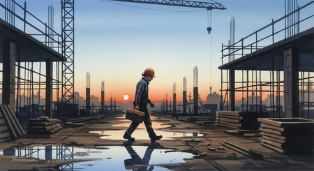 A watercolor painting of a builder walking through a construction site at dawn. The scene conveys hard work, dedication, and urban development. Perfect for industrial or labor-themed content.の素材