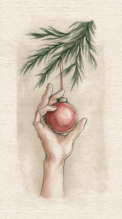 A watercolor drawing of a hand holding a red bauble from a pine branch. This vintage illustration evokes a warm, festive mood. Ideal for holiday cards, winter designs, and decorations.の素材