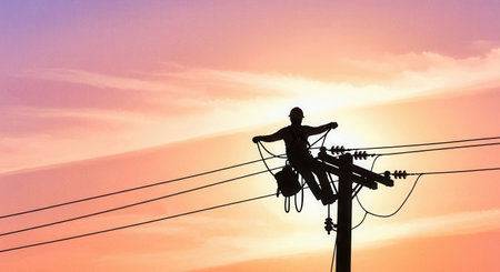 Silhouette of a lineman working on a power pole at dusk. This image conveys dedication, essential work, and industrial beauty. Perfect for topics on energy or skilled trades.の素材