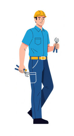 An illustration of a friendly male worker in a hard hat holding wrenches. This character represents professionalism and skill for construction, plumbing, or repair service industries.の素材