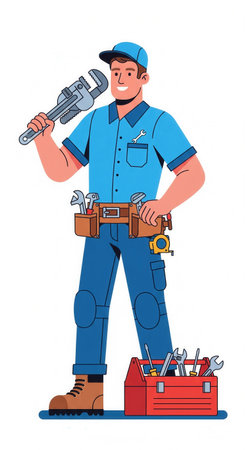 An illustration of a friendly handyman in uniform holding a wrench. This character represents professionalism and reliability for repair or plumbing services. Perfect for trade business ads.の素材