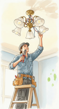 Watercolor illustration of a female electrician on a ladder installing a light fixture. Represents home improvement, skilled trades, and women's empowerment. For DIY or professional service concepts.の素材