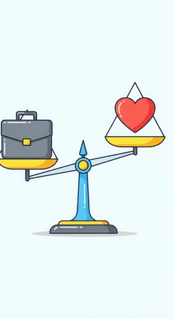 An illustration of a scale weighing a briefcase against a heart. This symbolizes the modern challenge of work-life balance, prioritizing career over passion. Ideal for wellness content.の素材