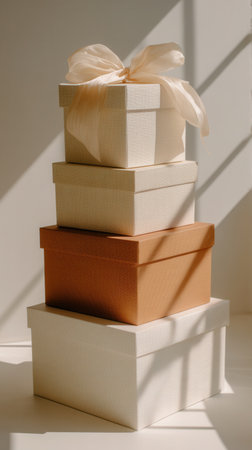A stack of elegant gift boxes in neutral tones with a large bow, illuminated by soft sunlight. Minimalist and celebratory mood. Ideal for holidays, birthdays, or branding.の素材