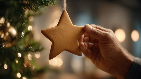 A hand hangs a gingerbread star ornament on a Christmas tree. This cozy scene evokes festive warmth and tradition. Ideal for holiday cards, seasonal ads, or family-themed content.の素材