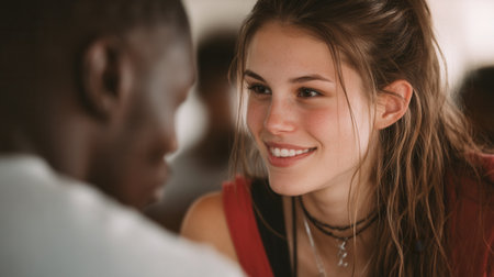 Close-up of a beautiful young woman with freckles smiling warmly at a man. The scene is intimate and genuine, conveying connection. Perfect for content on love, relationships, and diversity.の素材