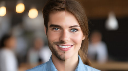 A split-screen composite portrait of a smiling man and woman joined. This image represents duality, relationships, and partnership. Perfect for dating services or gender concepts.の素材