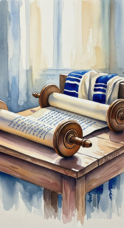 A watercolor painting of a Torah scroll and Tallit on a table. This serene image represents Jewish faith, tradition, and study. Perfect for religious, cultural, and educational use.の素材