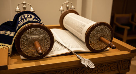 An open Torah scroll and a silver yad pointer on a wooden lectern in a synagogue. The atmosphere is reverent and spiritual, ideal for themes of Judaism, faith, and tradition.の素材