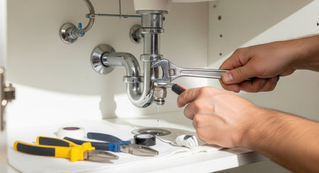 Close-up of a plumber's hands using a wrench to repair a leaking sink pipe. This image represents home maintenance, professional service, and problem-solving. Perfect for plumbing ads.の素材