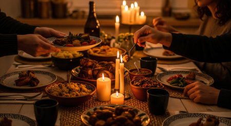 People sharing a festive meal at a table illuminated by candlelight. This intimate scene evokes warmth, togetherness, and tradition. Perfect for holiday, family, or food-related themes.の素材