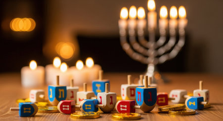 Colorful Hanukkah dreidels and gelt on a wooden table. A lit menorah creates a warm, festive glow. Ideal for holiday greetings, cultural articles, or celebratory designs.の素材
