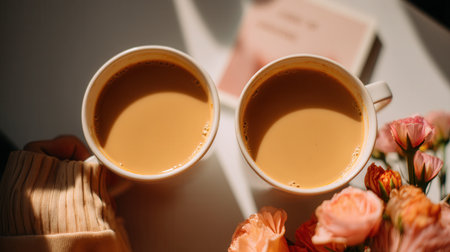 Top view of two coffee mugs with flowers in soft sunlight. A cozy, warm, and romantic morning scene. Perfect for lifestyle blogs, cafe promotions, or self-care content.の素材