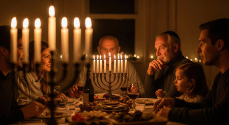A large family gathers for a festive dinner, illuminated by a lit menorah. The scene is warm and traditional, celebrating Hanukkah. Ideal for holiday, family, and cultural themes.の素材