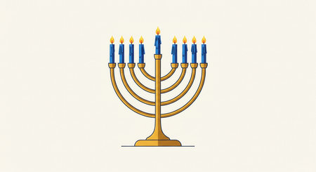 A golden Hanukkah menorah with nine lit blue candles on a plain background. This illustration evokes the spirit of the Jewish Festival of Lights, perfect for holiday greetings or design.の素材