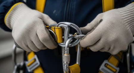 Close-up of gloved hands securing a metal carabiner on a yellow safety harness. This image conveys professionalism, preparation, and workplace safety. Perfect for industrial topics.の素材