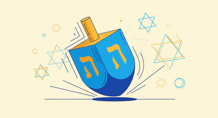 A modern illustration of a spinning dreidel with Stars of David. This festive graphic evokes the spirit of Hanukkah. Ideal for holiday cards, banners, and cultural content.の素材