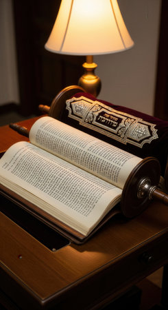 An open Torah scroll with Hebrew text rests on a wooden desk, lit by a warm lamp. The scene evokes a sense of reverence, tradition, and quiet study. Perfect for religious or educational content.の素材
