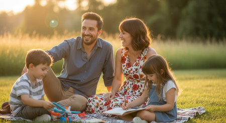 A happy family of four enjoying a picnic in a park during a beautiful sunset. The scene evokes warmth, love, and togetherness. Perfect for family, lifestyle, or insurance concepts.の素材
