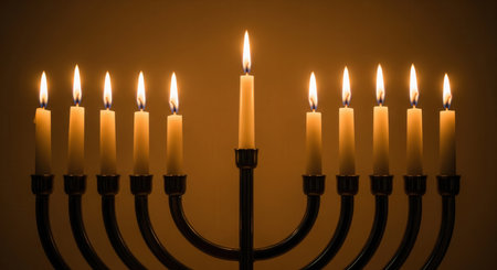 A traditional Hanukkah menorah with all nine candles burning brightly. The warm glow creates a spiritual and celebratory mood. Ideal for holiday greetings or cultural content.の素材