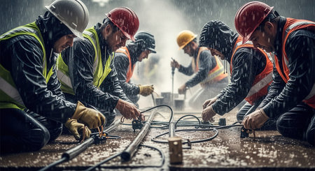 A team of focused construction workers in safety gear diligently working on a project during a heavy rainstorm. This image represents perseverance, teamwork, and hard labor in adverse conditions.の素材