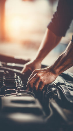 Close-up on a mechanic's hands repairing a car engine. The warm, cinematic lighting evokes skill and dedication. Ideal for auto service ads, maintenance blogs, or skilled labor topics.の素材