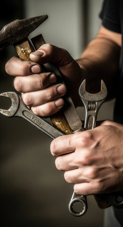 Close-up of a mechanic's dirty hands holding rusty tools like a hammer and wrenches. This image conveys hard work, skill, and manual labor. Ideal for repair or industry themes.の素材