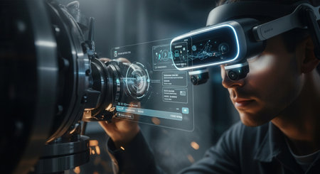 An engineer uses an augmented reality headset to inspect machinery, viewing a holographic interface. This futuristic scene conveys innovation and Industry 4.0 for tech or business.の素材