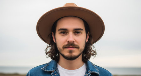 Close-up portrait of a young man in a fedora hat looking at the camera. The mood is calm and authentic, set against a neutral outdoor background. Perfect for lifestyle or fashion content.の素材