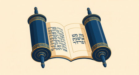 An illustrated Torah scroll open to reveal Hebrew scripture. This sacred object represents Jewish faith, tradition, and wisdom. Ideal for religious events, holidays, and education.の素材