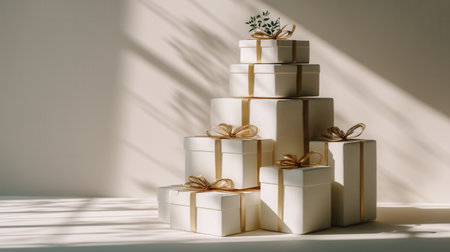 A stack of elegant white gift boxes with gold ribbons, lit by warm sunlight casting beautiful shadows. A minimalist and sophisticated scene for holidays, celebrations, or luxury branding.の素材