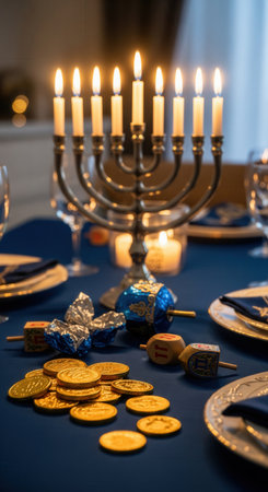 A beautifully set table for Hanukkah featuring a litorah, dreidels, and gelt. The warm, festive atmosphere evokes tradition and joy. Ideal for holiday greetings or cultural content.の素材