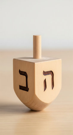 A close-up of a traditional wooden dreidel with Hebrew letters on a light wood table. This image represents the Jewish holiday of Hanukkah, tradition, and celebration. For holiday greetings.の素材