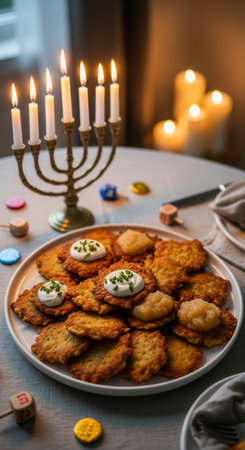A festive Hanukkah table with traditional latkes, sour cream, and applesauce. A lit menorah and dreidels in the background create a warm, celebratory mood. Ideal for holiday content.の素材