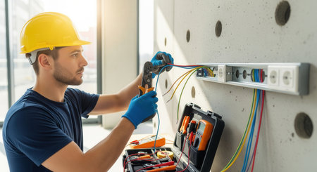 An electrician in a hard hat works on wiring for new outlets on a concrete wall. This image represents skilled labor, construction, and precision. Perfect for trade services ads.の素材