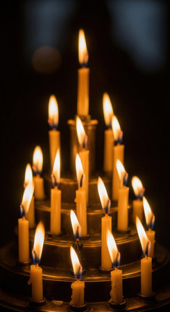 A close-up of many small candles burning on a tiered holder against a dark background. The scene evokes a solemn, spiritual mood. Perfect for religious or memorial themes.の素材