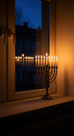 A glowing Hanukkah menorah with all candles lit sits on a windowsill at dusk. The warm light reflects in the window, creating a peaceful, spiritual mood. Perfect for holiday content.の素材