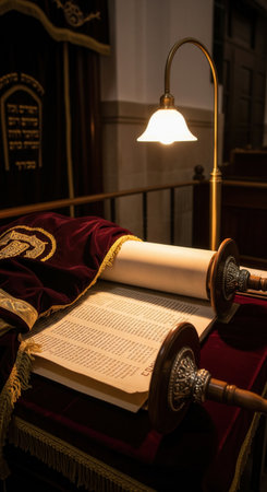 An open Torah scroll with Hebrew text is illuminated by a warm lamp in a synagogue. This scene conveys reverence, tradition, and study. Perfect for religious or historical content.の素材