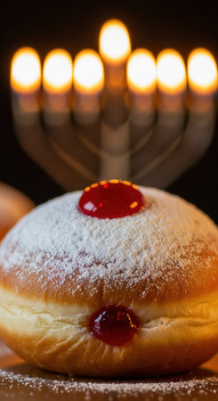 A close-up of a sufganiyah, a jelly donut with powdered sugar. A lit menorah in the background creates a warm, festive mood. Ideal for Hanukkah greetings or food-related content.の素材