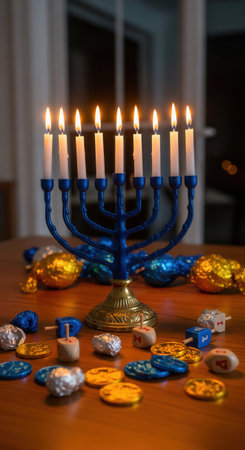 A lit Hanukkah menorah on a table with dreidels and chocolate gelt. A warm, festive scene celebrating the Jewish Festival of Lights. Ideal for holiday greetings or cultural content.の素材