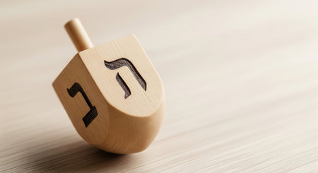 A close-up of a wooden dreidel spinning on a light wood surface. This image captures the traditional game played during Hanukkah, evoking a festive and cultural mood. Ideal for holiday media.の素材